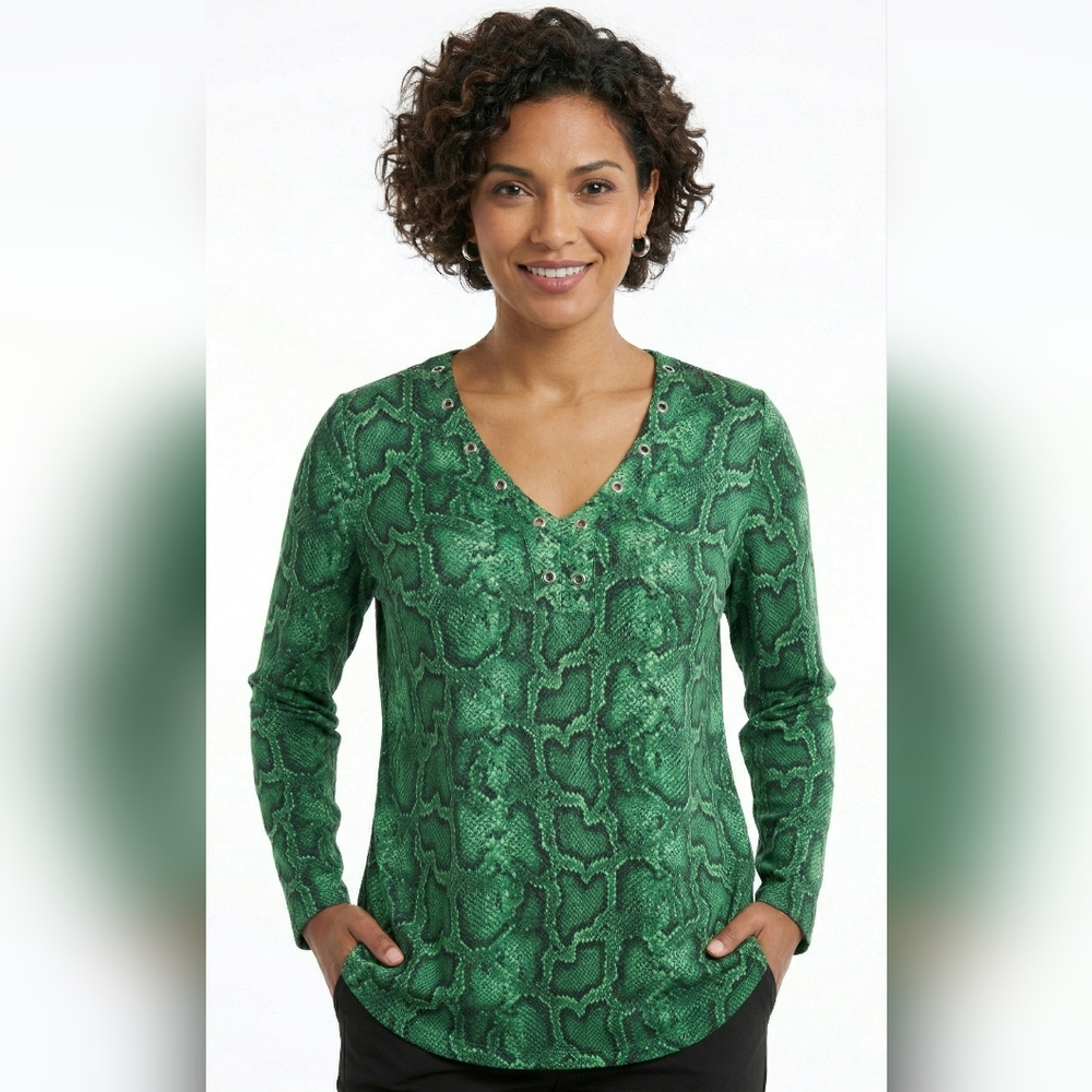 MICHAEL Michael Kors Green Snake-Print Long Sleeve Top w/Grommet Detail. Size XS